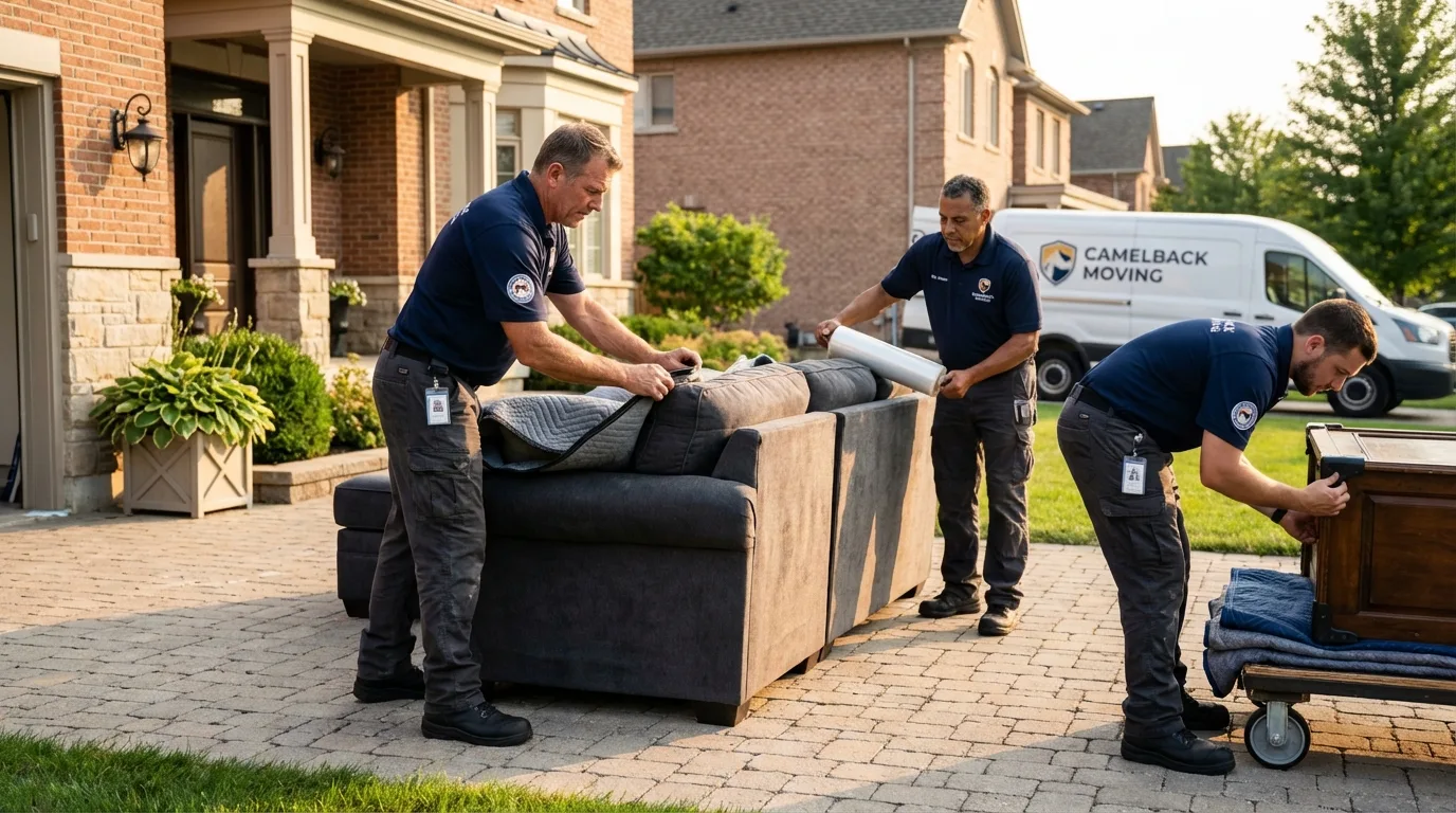 Large estate moving crew wrapping furniture in Weehawken, NJ