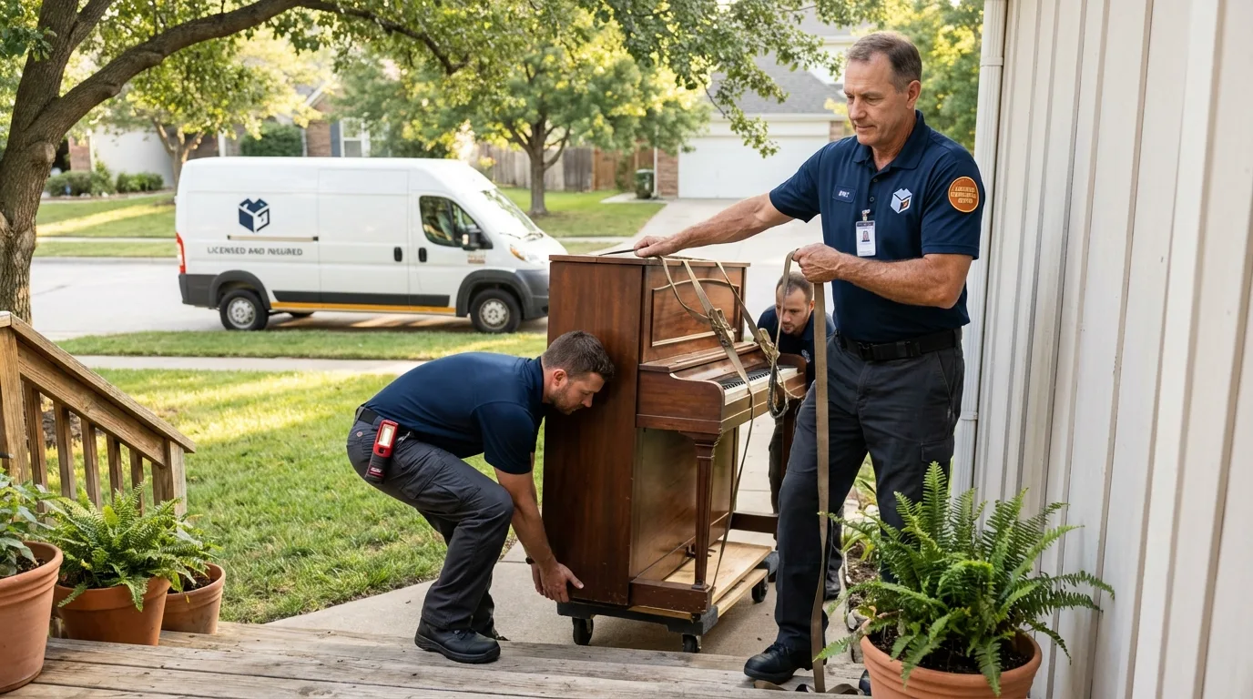Licensed piano movers securing grand piano in Weehawken, NJ