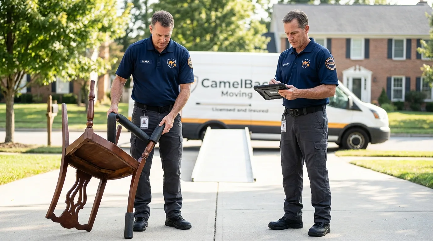 Movers inspecting furniture for damage prevention before loading in Weehawken, NJ