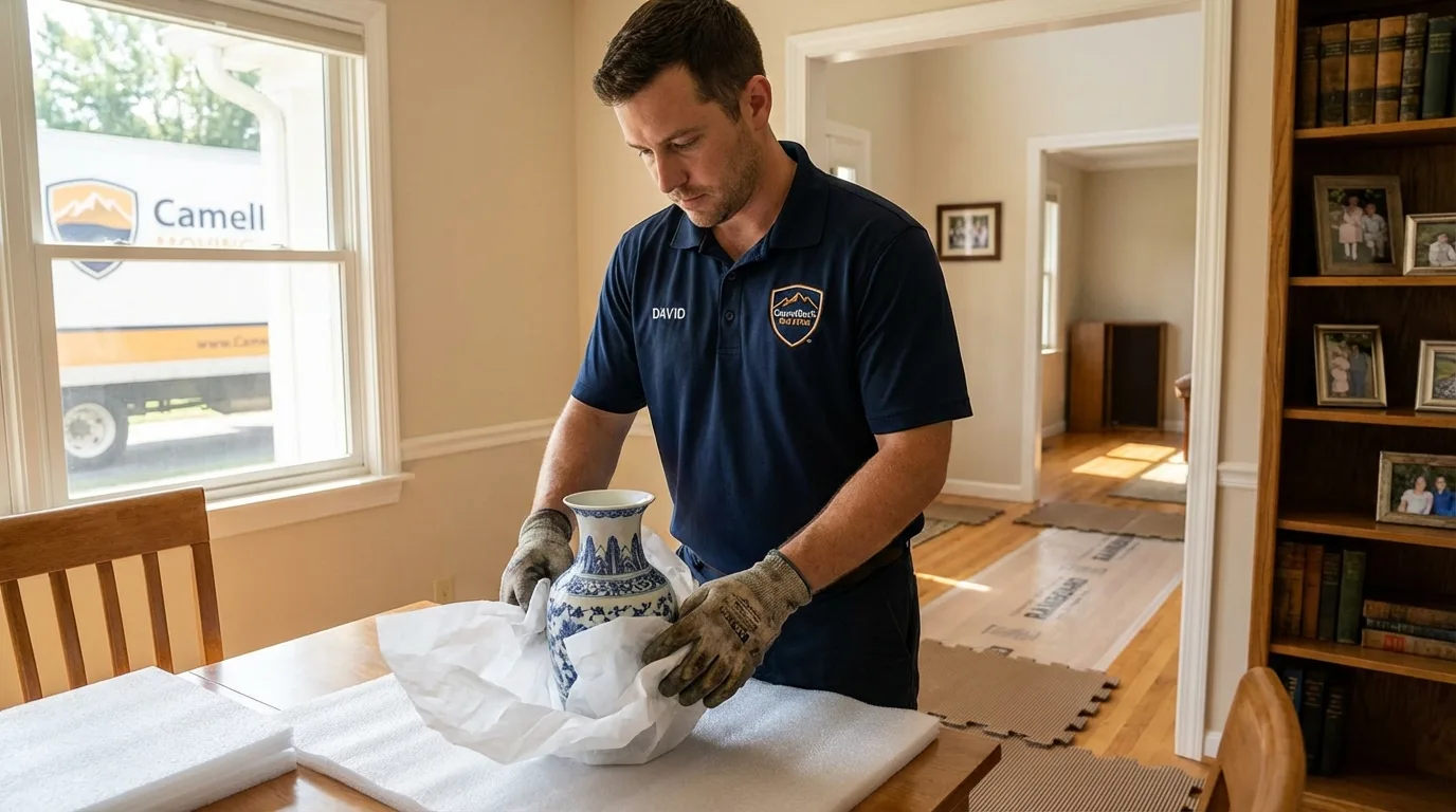 Professional crew carefully wrapping antique vase for senior downsizing move in Weehawken, NJ